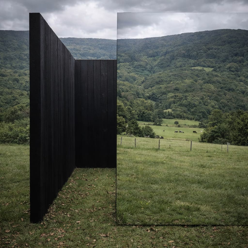 Mirrored architectural installation reflecting South Coast farmland and escarpment landscape at an exclusive NSW wedding venue